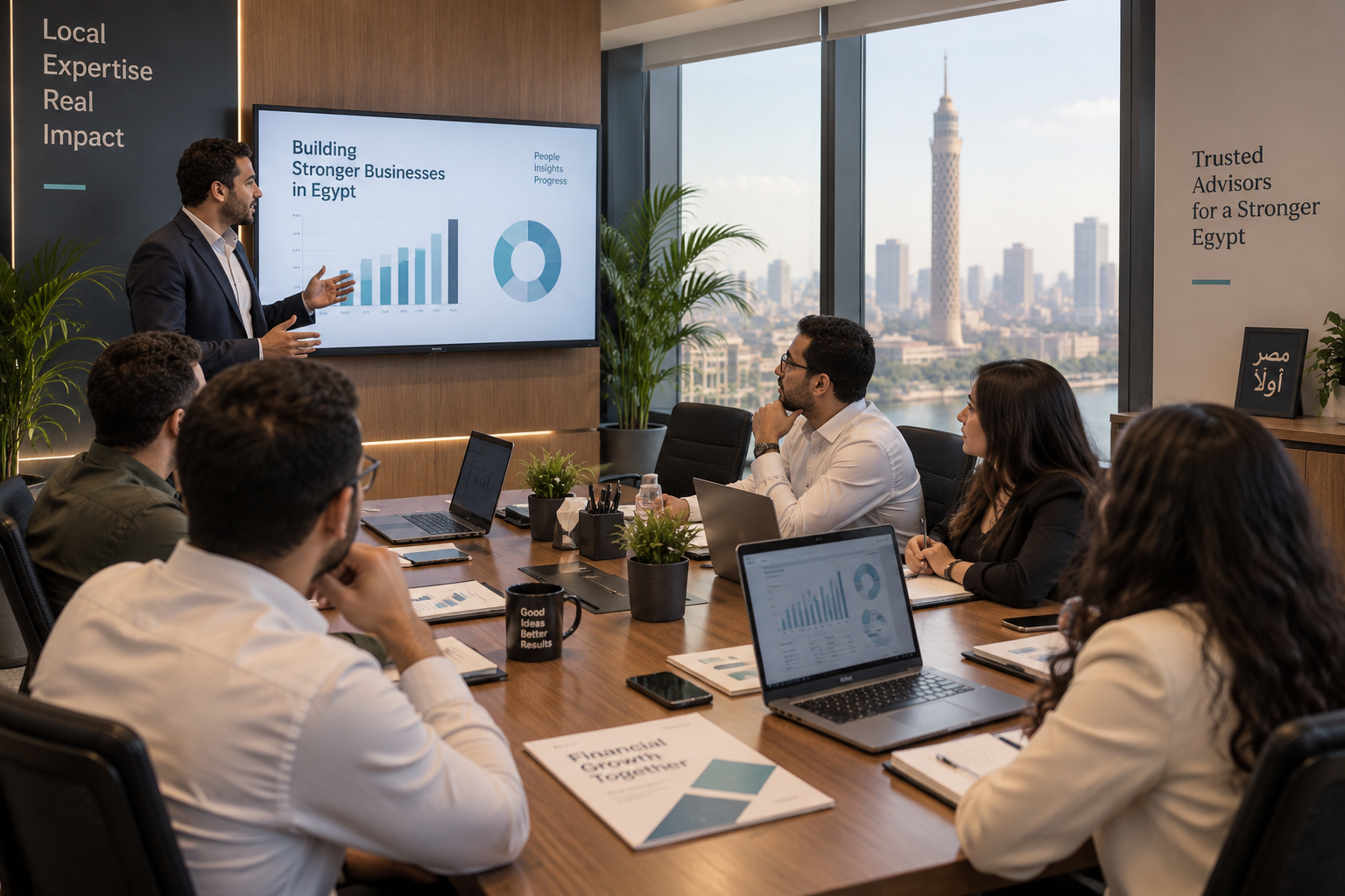Advisors discussing business strategy